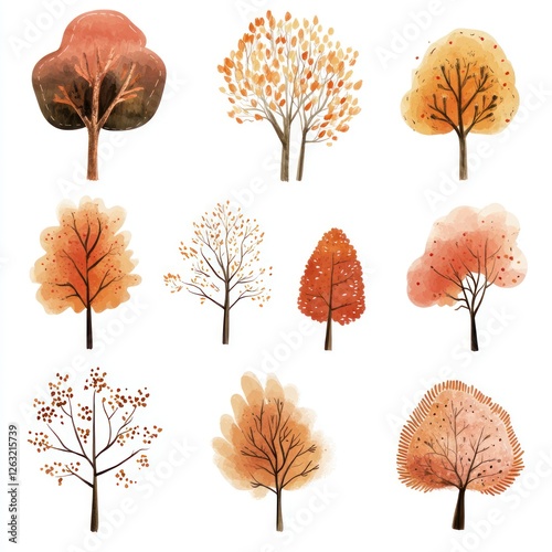 Nine Watercolor Paintings of Autumn Trees photo