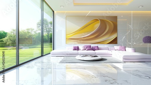 Modern Living Room with Abstract Art: A spacious and luxurious living room features a large, abstract artwork in warm gold and beige tones, a plush lilac sectional sofa.