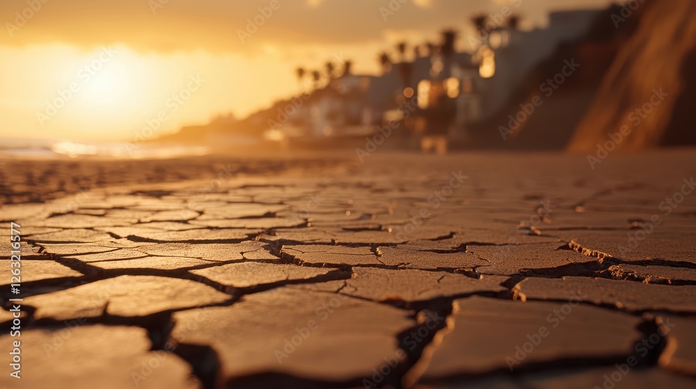 Obraz premium A serene beach at sunset, showcasing cracked earth and coastal scenery, creating a dramatic interplay of light and texture.