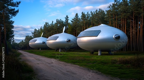 Wallpaper Mural Futuristic Eco-Friendly Huts Surrounded by Tall Pine Trees Torontodigital.ca