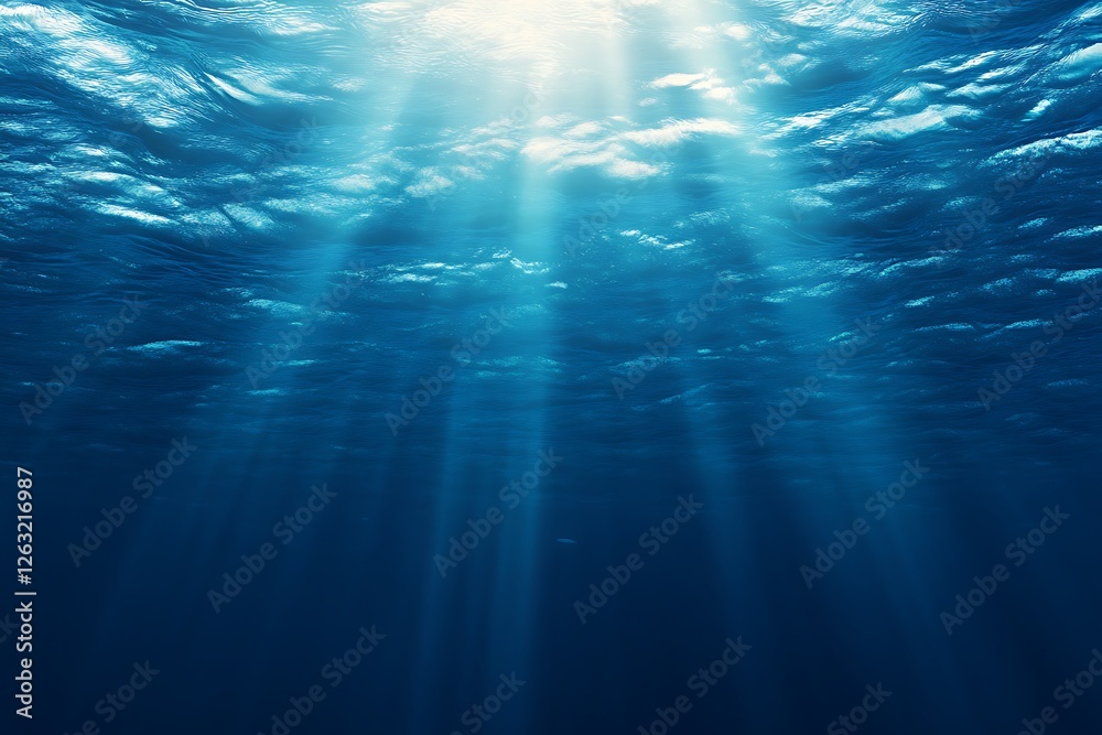 Fototapeta premium Sunlight beams through the deep blue ocean depths.