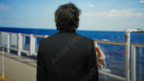 Man standing on cruise ship deck gazing at serene seaside horizon, blending elegance and relaxation in an outdoor maritime setting.