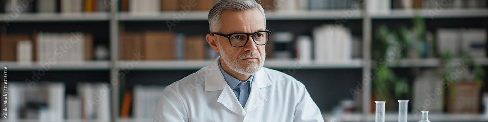 A man in a lab coat is looking at a computer screen. The scene is set in a library with shelves of books A man in a lab coat is looking at a computer screen. The scene is set in a library with shelves of books