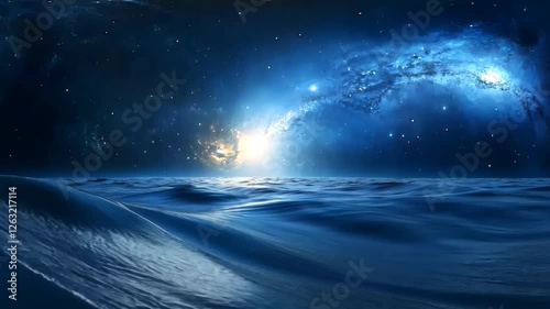 Fantasy animation scene cosmic landscape. A surreal dreamscape unfolds beneath a celestial canvas of vibrant nebulas and twinkling stars, a stark desert landscape illuminated by the ethereal glow of a