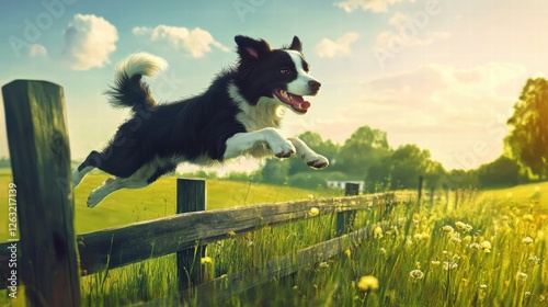 Border Collie Leaping over a Fence in a Grassy Field