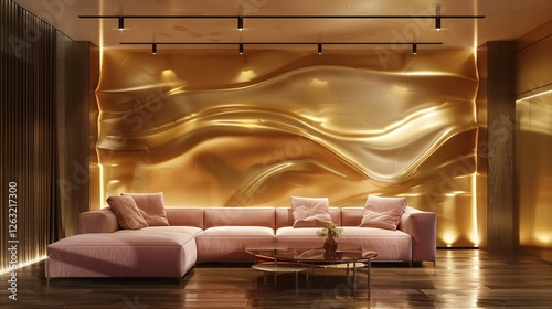 Luxury Living Room with Gold Wall Art: A stylish and modern living room features a stunning gold-toned, textured wall art as a focal point.  A plush pink sectional sofa adds a touch of elegance.