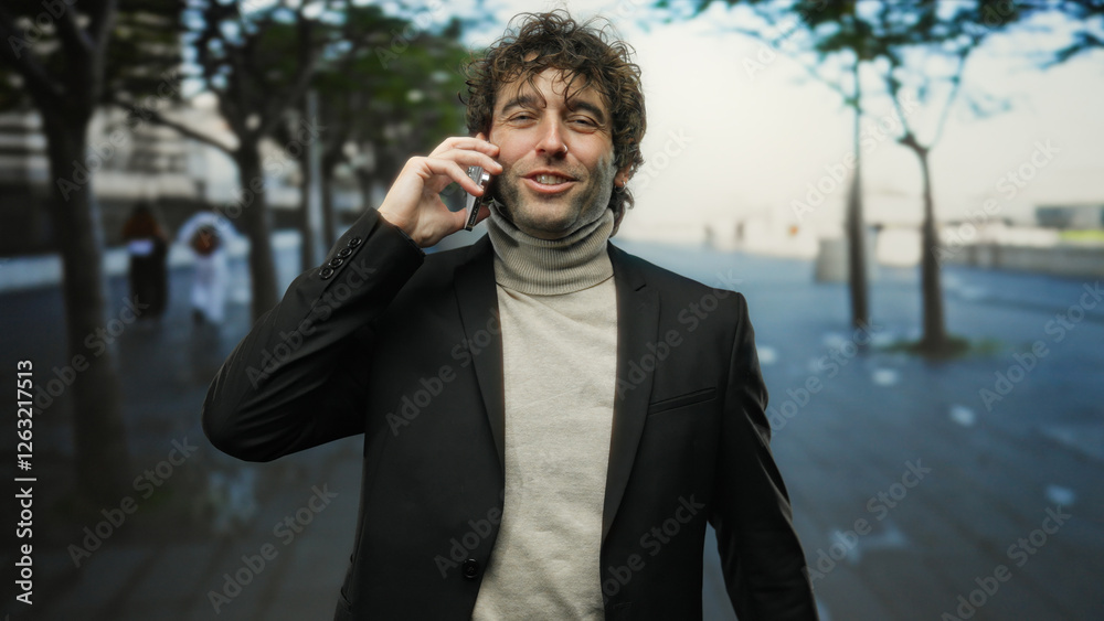 Young man standing outdoors on a city street smiling while talking on his phone, showcasing a confident and attractive demeanor in an urban setting. Young man standing outdoors on a city street smiling while talking on his phone, showcasing a confident and attractive demeanor in an urban setting.