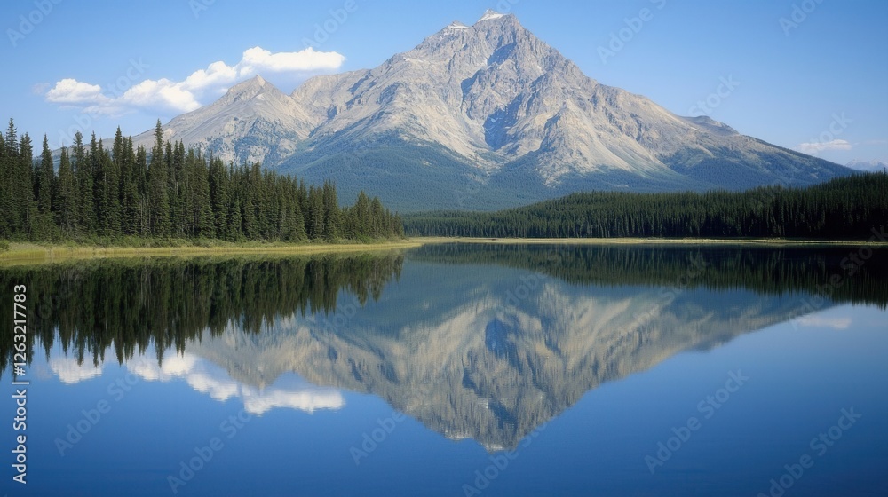 Fototapeta premium A tranquil mountain landscape reflected in a serene lake, surrounded by lush forests under a clear blue sky.