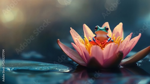 Frog perched on a water lily