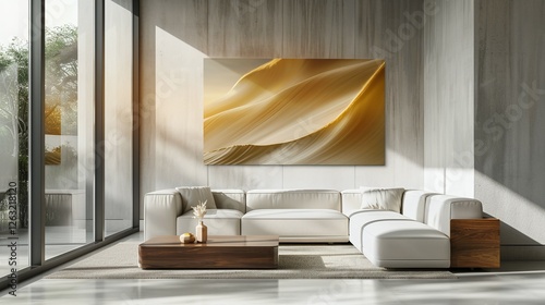 Desert Canvas in Modern Living Room: A modern, minimalist living room is adorned with a striking desert landscape canvas. The sun's rays stream through large windows.