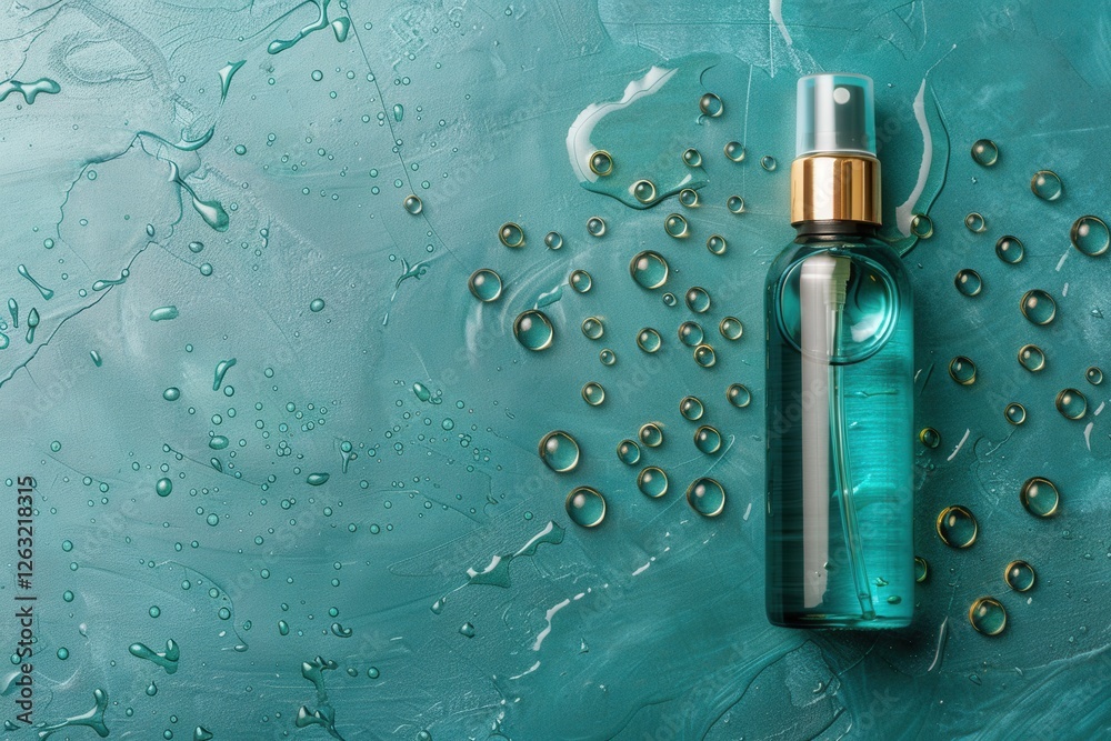 Mystical teal background with elegant perfume bottle Mystical teal background with elegant perfume bottle