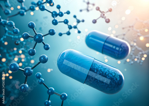 Blue Capsules & Molecular Structure – Medical Science & Pharmaceutical Research

