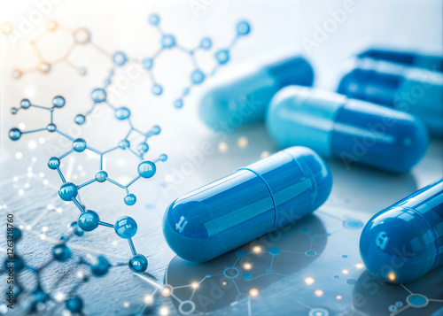 Blue Capsules & Molecular Structure – Medical Science & Pharmaceutical Research

