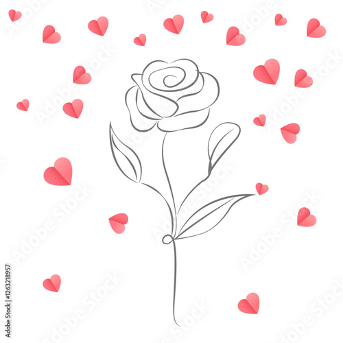 Festive Valentine's Day card with rose and falling hearts. Vector illustration