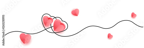 Continuous black double heart shaped ribbon with realistic paper heart on white background for valentines, women, mothers day greeting invitation graphic design. Vector banner