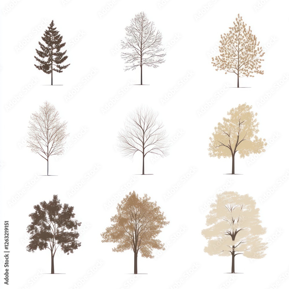 Fototapeta premium Nine Different Tree Types Illustrated Against White Background