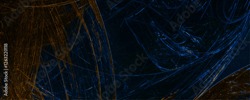 Glowing blue and brown mesh or interwoven lines fractal abstract design. Marbled fractal design for wall and interior. Textured marble design on a dark background with dark navy blue and brown hue. 