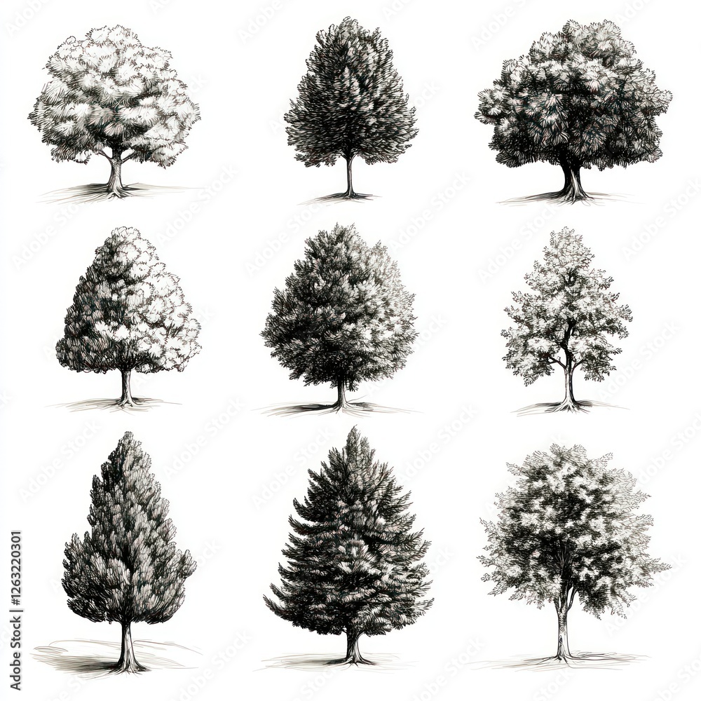 Fototapeta premium Nine Detailed Ink Drawings Of Various Tree Species