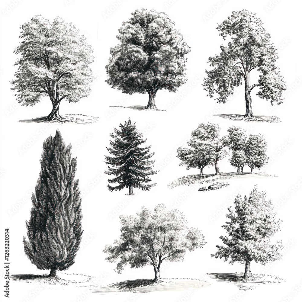 Fototapeta premium Collection of Detailed Pen And Ink Tree Drawings
