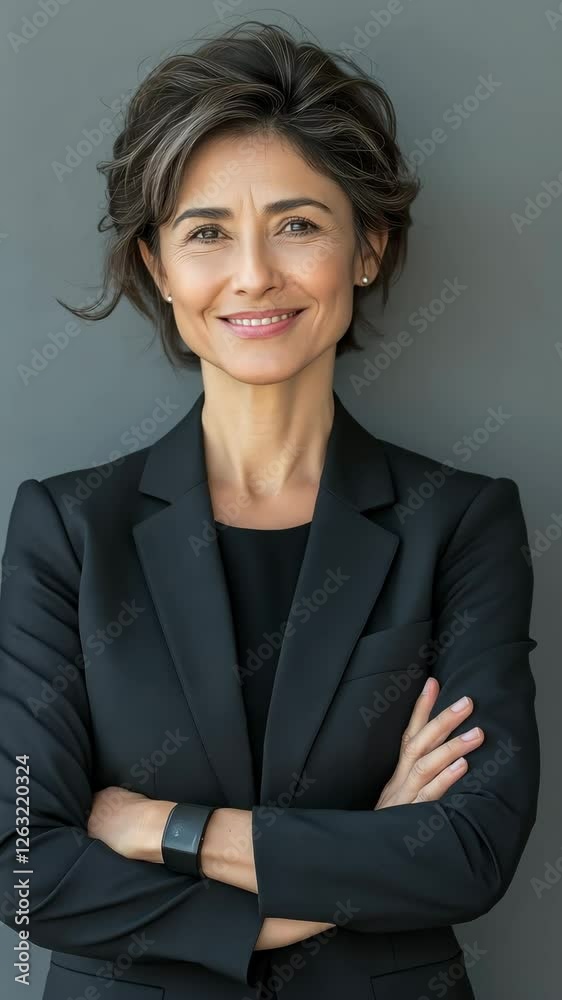 Smiling Latina businesswoman in a suit, CEO, and business leader against a grey backdrop Smiling Latina businesswoman in a suit, CEO, and business leader against a grey backdrop