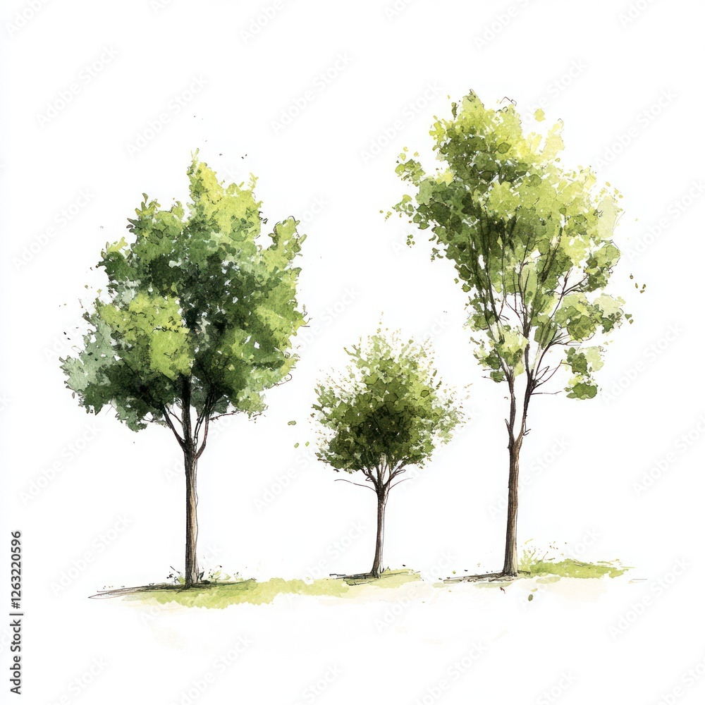 Obraz premium Watercolor Painting of Three Trees in a Row