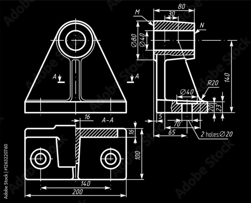 Vector drawing of steel cast mechanical part with through holes and dimension lines. Engineering computer cad scheme. Technical 
education template 
on  sheet of paper. 3d model. Assembly design.