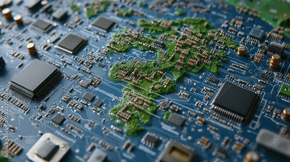 Close-Up View of a Circuit Board Featuring Intricate Microchips and Green Landscaping Design Close-Up View of a Circuit Board Featuring Intricate Microchips and Green Landscaping Design
