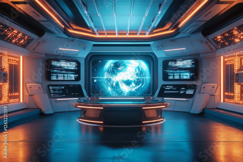 Fototapeta Naklejka Na Ścianę i Meble -  High-tech spaceship control room featuring advanced digital interfaces