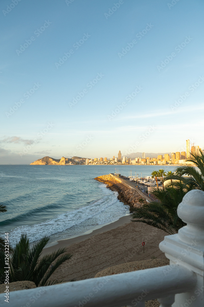 Cala del Mal Pas at sunrise in the tourist city of Benidorm in Alicante, Spain in 2024