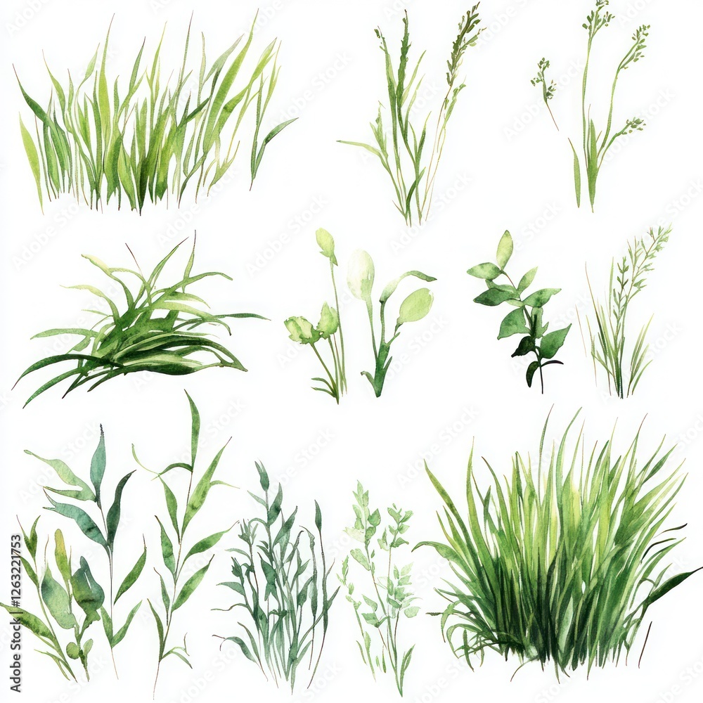 Fototapeta premium Watercolor Collection of Green Grasses and Plants
