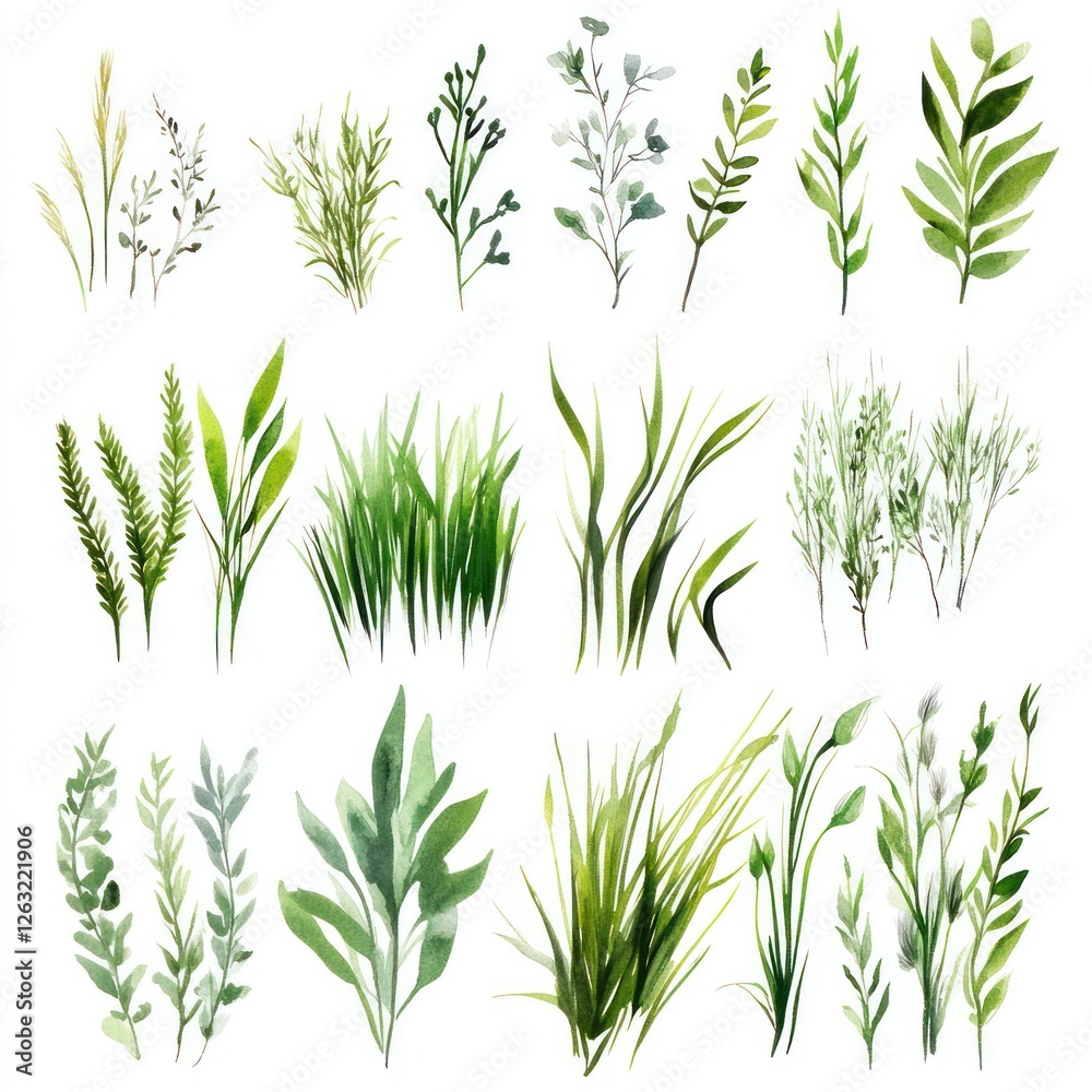 Obraz premium Watercolor Collection of Green Greenery and Plants