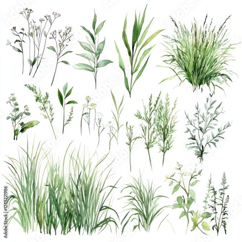 Watercolor Collection of Various Green Plants and Grasses