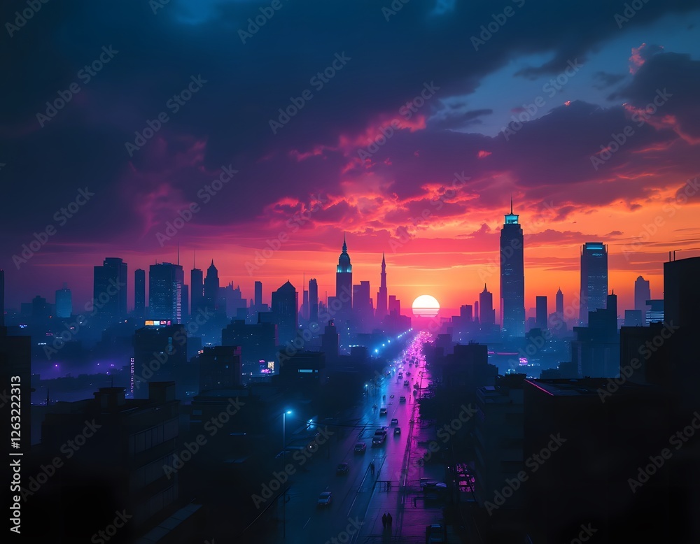 Fototapeta premium A vibrant sunset over a futuristic city skyline.