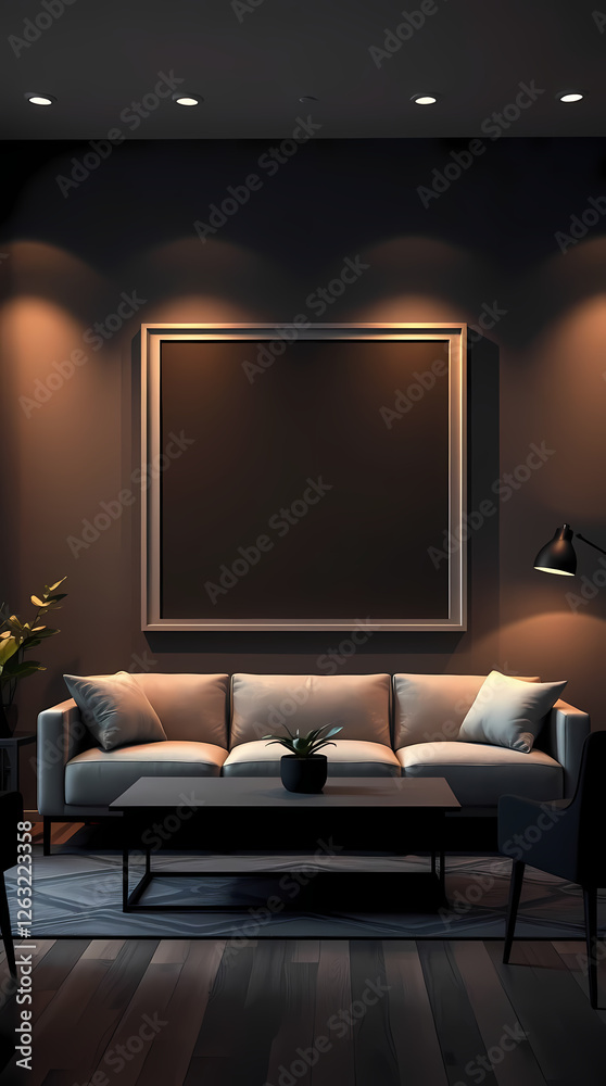 Fototapeta premium Mockup poster frame on the wall of living room. Modern design of the interiors in chocolate, brown colors. design for men's housing. Is a 3D visualization. Interior mockup with house background.