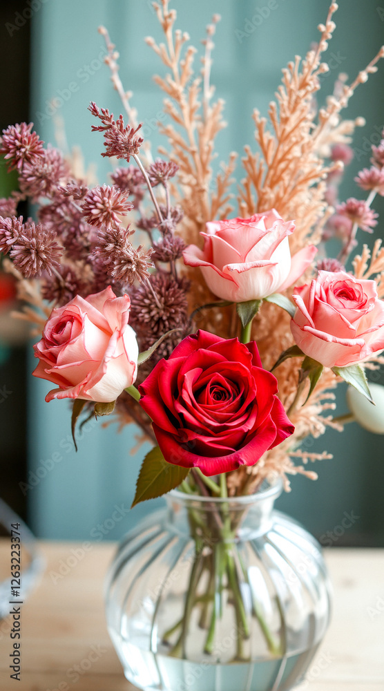 Obraz premium elegant bouquet of pink and red roses in a clear glass vase