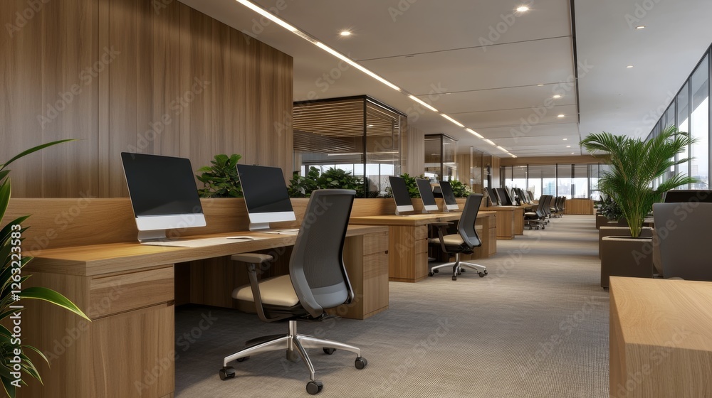 Modern office workspace designed for remote work arrangements featuring ergonomic desks and green plants for a productive environment Modern office workspace designed for remote work arrangements featuring ergonomic desks and green plants for a productive environment