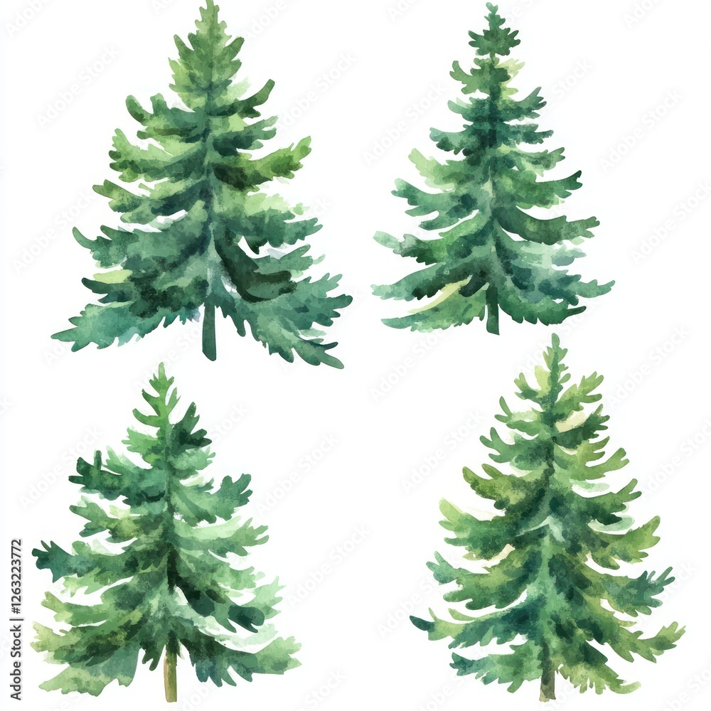 Obraz premium Watercolor Painting of Four Evergreen Trees