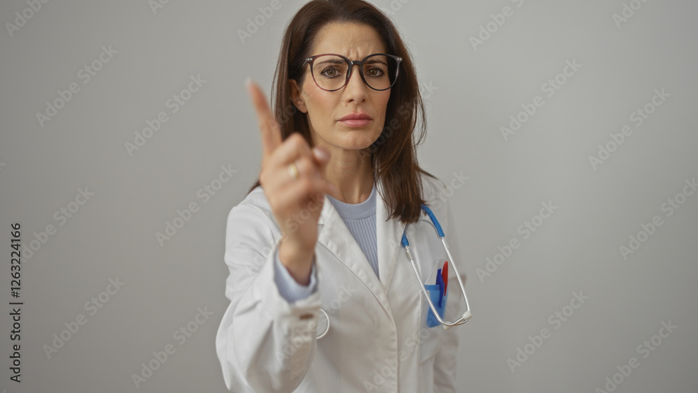 Woman pointing with focus on her face wearing white coat stethoscope over isolated white wall indicating medical professional authority healthcare concept Woman pointing with focus on her face wearing white coat stethoscope over isolated white wall indicating medical professional authority healthcare concept