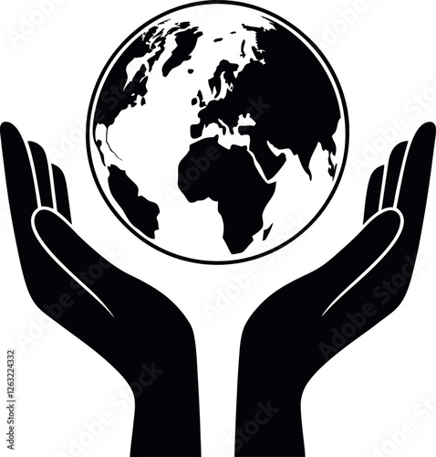 Minimalistic Black Silhouette of Hands Holding the Earth | Protecting Planet Vector Illustration | Hand-Drawn Environmental Conservation and Global Unity Artwork | Sustainability, Care, and Peace Conc