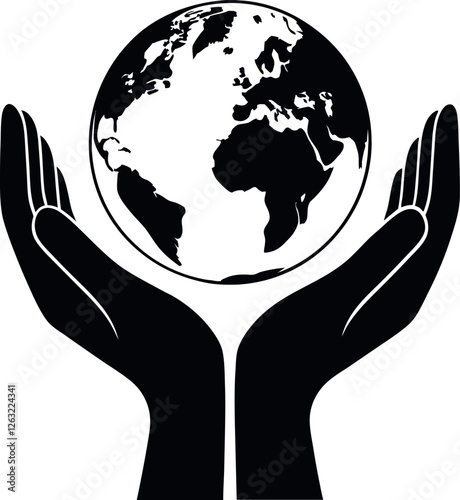Minimalistic Black Silhouette of Hands Holding the Earth | Protecting Planet Vector Illustration | Hand-Drawn Environmental Conservation and Global Unity Artwork | Sustainability, Care, and Peace Conc
