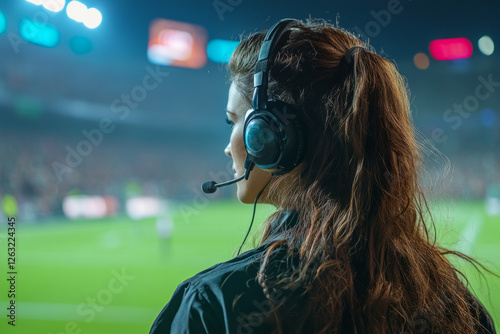 Female sports journalist reporting live soccer match from stadium press box, providing commentary and analysis photo
