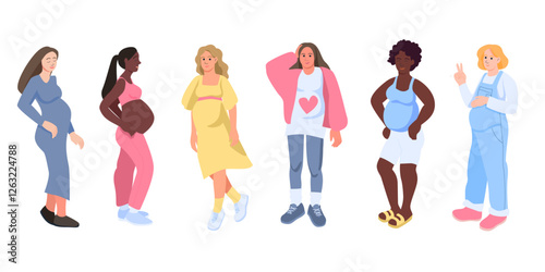 Set of different pregnant women. African American, Caucasian. Young beautiful multiethnic mothers of different nationalities. Diversity, multi-ethnic society.
