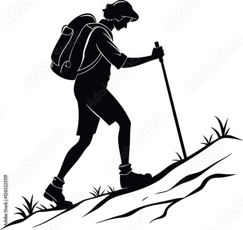 Minimalistic Black Silhouette of a Hiking Person with a Backpack | Outdoor Adventure and Trekking Vector Illustration | Hand-Drawn Explorer, Traveler, and Nature Expedition Artwork | Wilderness, Explo
