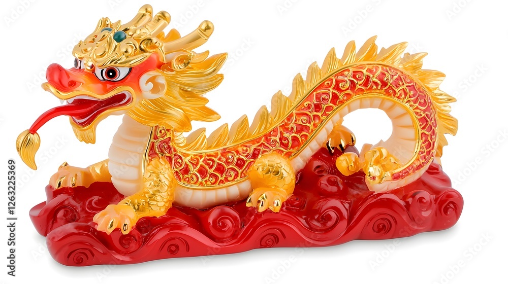Colorful Dragon Sculpture on Red Waves with Intricate Details Colorful Dragon Sculpture on Red Waves with Intricate Details