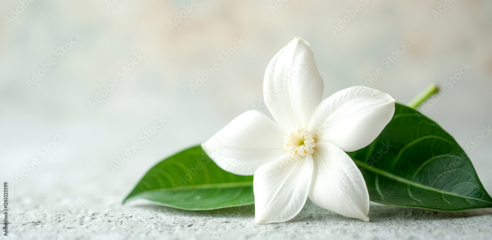 Obraz premium single white flower with green leaves