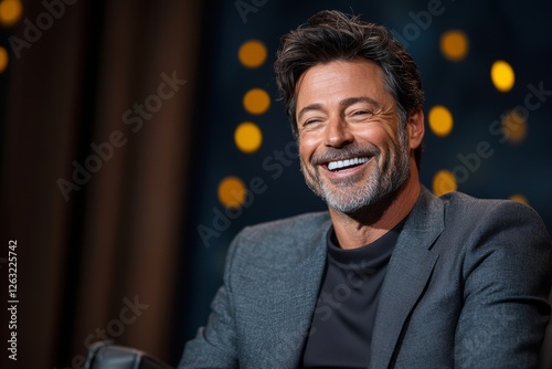 Portrait of a celebrity showing his happiness and wearing an elegant suit during a tv interview