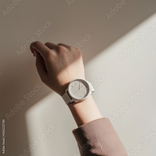 Elegant white wristwatch on a woman's hand against a light background photo