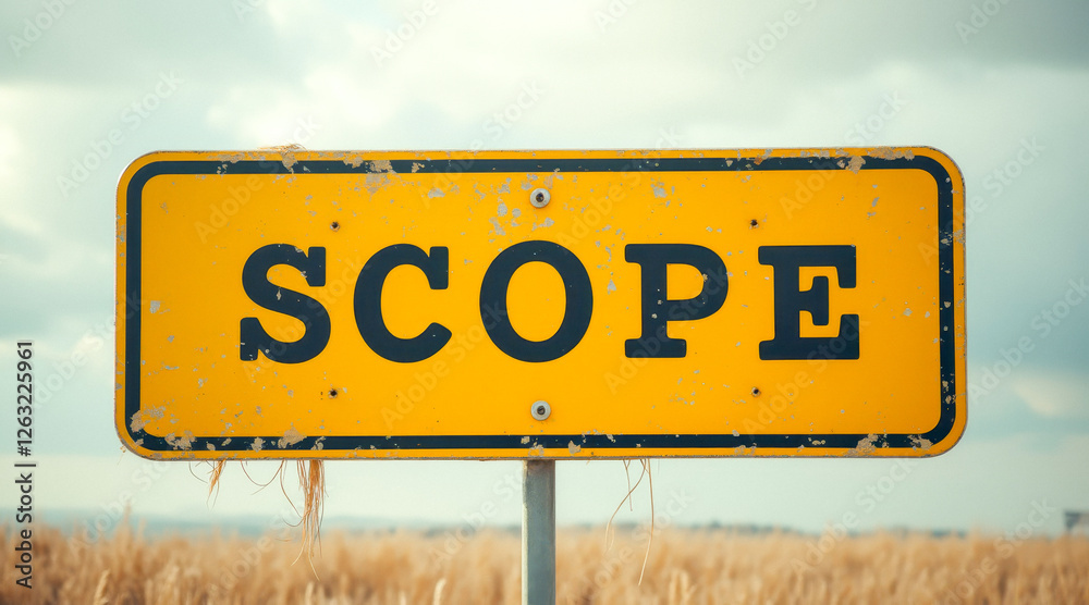 Fototapeta premium weathered yellow sign displaying the word scope in a field