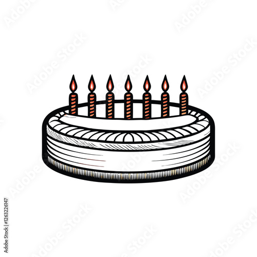 Create an editable stroke vector graphic of a delicious birthday cake complete with candles and served alongside a celebratory soda can.