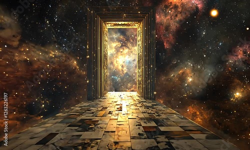 A cosmic portal framed by a grand structure, leading to a vibrant, star-filled universe.
